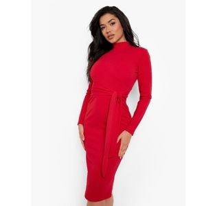 Red High Neck Tie Waist Fitted Long Sleeve Midi Dress - 8